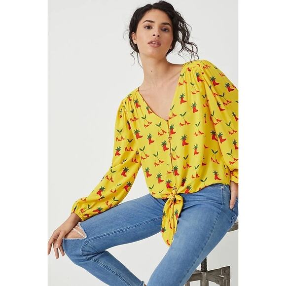 Anthropologie Button Down Front Tie Blouse Yellow Women’s 2 Festival Boho Fruit - Picture 5 of 16